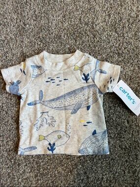 Carter's Heather Cream Tee with Blue Whale & Fish Motif